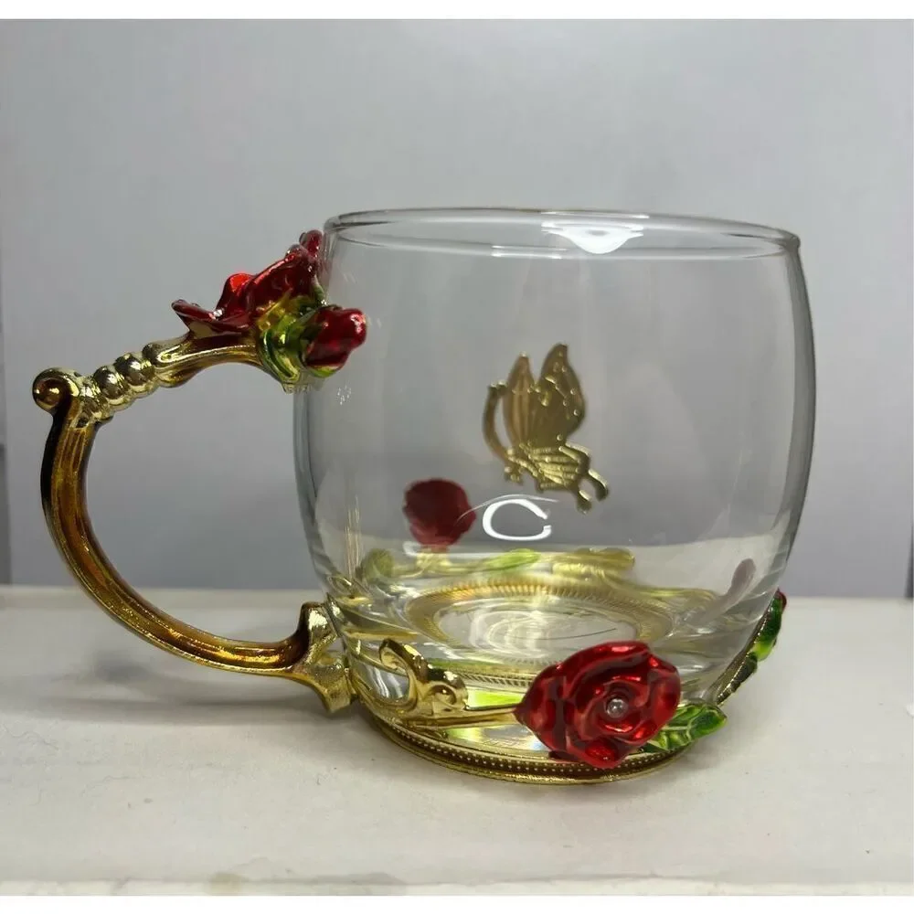 ARC of France Glass Coffee Tea Cup Jeweled‎ Floral Enameled Gold Handle